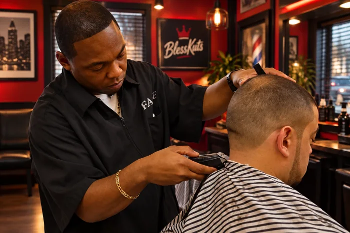A BlessKuts barber lining up a client’s cut with clippers
